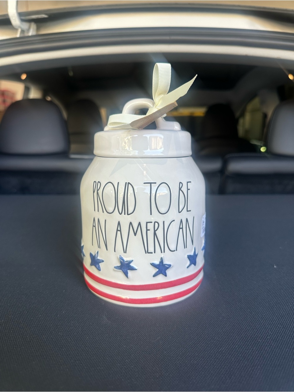 Rae Dunn White Red Blue "Proud To Be An American" Ceramic Canister